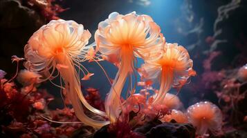 méduses avec coloré tentacules en dessous de le mer, génératif ai. photo