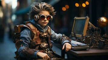 une garçon portant lunettes dans steampunk style séance à une ordinateur, adolescent pirate séance à vieux portable dans dystopique futur avec floue rue arrière-plan, génératif ai photo