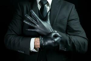 portrait de fort homme dans foncé costume tirant sur gants. gangster en mettant sur noir cuir gants. photo