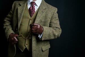 portrait de gentilhomme dans tweed costume et cuir gants permanent élégamment. ancien style et rétro mode de Anglais gentilhomme. photo