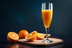 Frais Orange jus dans le verre sur foncé Contexte ai généré photo