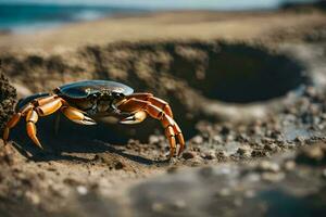 une Crabe est permanent dans de face de une trou par le mer généré par ai photo