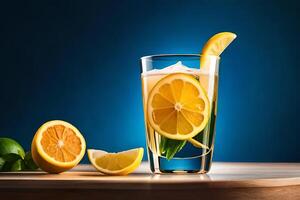 délicieux cocktail dans une verre gobelet servi avec citron tranche sur bleu Contexte ai généré photo