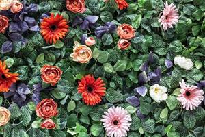 fond de printemps avec des chrysanthèmes rouges et roses artificiels et des roses pivoines photo