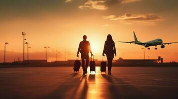 une couple est en marchant sur le piste avec les valises, probablement titre à le aéroport à capture une vol. photo