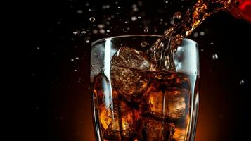 à l'intérieur une verre de Coca Cola, la glace cubes bulle comme le rafraîchissant boisson verse dans. photo