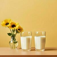 deux verre de Lait avec fleur sur une en bois table dans une Jaune arrière-plan, nutritif et en bonne santé laitier des produits concept photo