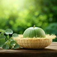 vert couronne musc melon sur flou verdure arrière-plan, cantaloup couronne melon fruit dans bambou tapis sur en bois table dans jardin génératif ai photo