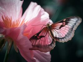 délicat rose fleur avec papillon de nuit perché sur pétale dans doux Naturel lumière - macro la photographie - ai généré photo