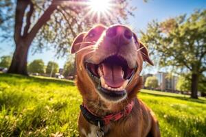 langue dehors, queue remuer - capturer canin bonheur dans le Soleil - ai généré photo