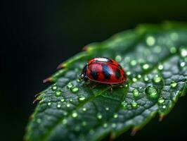 complexe détails - une macro coup de une coccinelle sur une vibrant feuille - ai généré photo