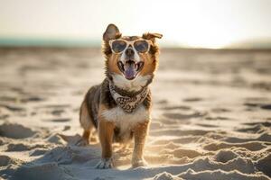 plage clochard - une joyeux canin trempe en haut le Soleil - ai généré photo