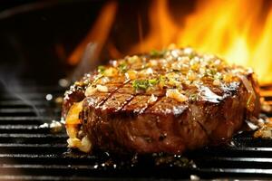 grésillant du boeuf steak sur chaud le fourneau - fermer nourriture coup avec appétissant arôme et jus bouillonnant dans cuisine - cuisson, appétit, fermer. - ai généré photo