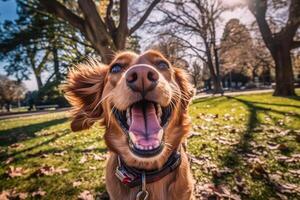 une chiens délice - découverte joie et chaleur dans une ensoleillé journée à le parc - ai généré photo