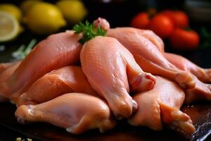 proche en haut de brut poulet jambes sur une table ai généré photo