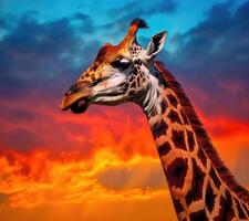 une girafe permanent dans de face de une coloré le coucher du soleil ai génératif photo