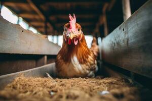 une poulet est séance dans une en bois Caisse ai généré photo