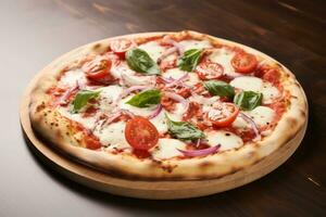 une Pizza avec tomates, mozzarella et basilic sur une en bois planche ai génératif photo