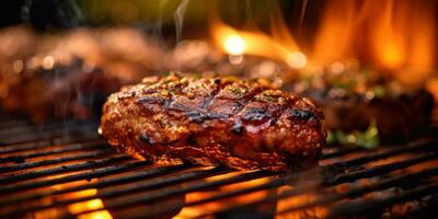 une steak est étant cuit sur une gril dans de face de flammes ai généré photo