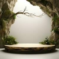 une en bois étape podium dans une la grotte avec une arbre dans le Contexte ai génératif photo