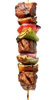 grillé kebab sur brochettes avec poivrons et oignons sur une blanc Contexte ai génératif photo