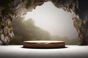 en bois podium Plate-forme dans le milieu de une la grotte ai génératif photo