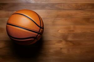 une basketball Balle est séance sur une en bois sol ai génératif photo