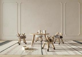 Intérieur de chambre d'enfant de style scandinave avec mobilier en bois naturel. maquette sur fond de mur. illustration de rendu 3d de style ferme pour enfants. photo