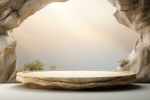 la grotte avec une Roche podium Plate-forme dans le milieu de il ai génératif photo