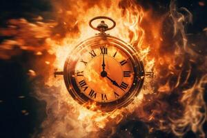 une l'horloge cette est sur Feu avec flammes autour il ai génératif photo