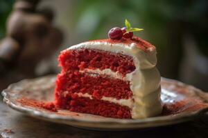 une tranche de rouge velours gâteau sur une assiette ai généré photo