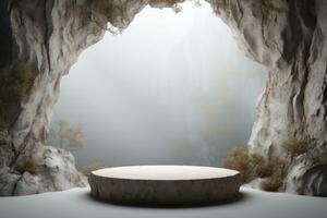 pierre podium Plate-forme dans une la grotte avec une lumière brillant par il ai génératif photo
