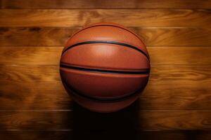 une basketball Balle est séance sur une en bois sol ai génératif photo