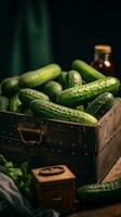 en bois boîte rempli avec concombres sur une en bois table ai généré photo