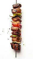 grillé kebab sur brochettes avec poivrons et oignons sur une blanc Contexte ai génératif photo