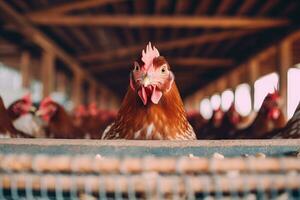 une groupe de poulets dans une Grange ai généré photo