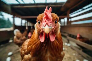 une poulet est permanent dans une Grange à la recherche à le caméra ai généré photo