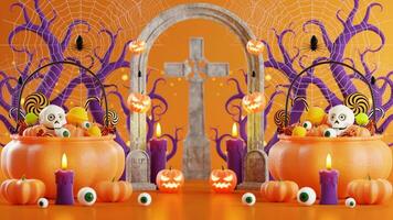 3d le rendu illustration conception pour Halloween bannière avec citrouille, crucifix, crâne, bougie, bonbons, boîte cadeau ,tombe sur Contexte. photo