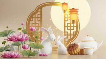 3d le rendu pour milieu l'automne Festival vacances ou chinois Nouveau année, chinois festivals avec des lanternes, fleur, lune, lapin , gâteau de lune, thé pot et asiatique éléments sur Contexte. photo