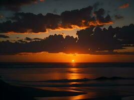 magnifique le coucher du soleil sur le plage avec des nuages plus de le mer et montagnes photo