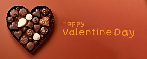 content Valentin journée bannière avec Chocolat l'amour forme bannière isolé dans rouge arrière-plan, Haut vue la photographie ai généré photo