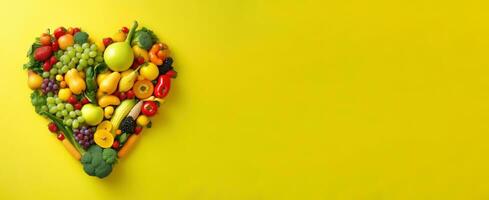 divers Couleur plein fruit l'amour forme bannière isolé dans Jaune arrière-plan, Haut vue la photographie, en bonne santé la vie concept ai généré photo