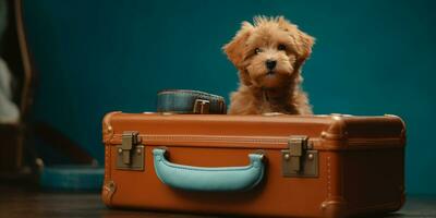 mignonne marron maltipoo chiot séance sur cuir valise. établi avec génératif ai La technologie photo