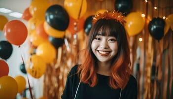 Jeune asiatique femme à une fête décoré avec orange, Jaune et noir des ballons dans le Contexte. établi avec génératif ai La technologie photo