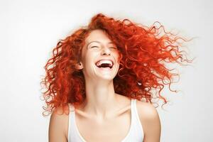 ai génératif. magnifique roux femme avec en volant frisé cheveux en riant photo