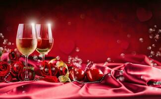 valentines ou mariage concept. du vin tasses rouge des roses et romantique réglage pour deux dans rouge. salutation carte pour jubilé ou anniversaire photo