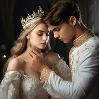 une prince dans une blanc costume met une cristal couronne sur le tête de une Princesse dans une blanc robe photo