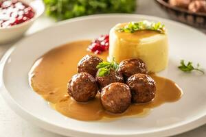 assiette portion suédois Boulettes de viande kottbullar dans sauce avec en purée patates et canneberge sauce photo