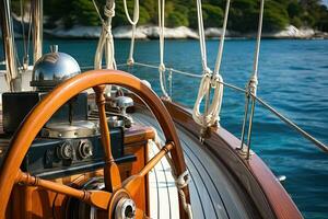 pilotage roue de une voile bateau photo