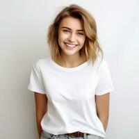 Jeune femme dans blanc T-shirt. isolé photo